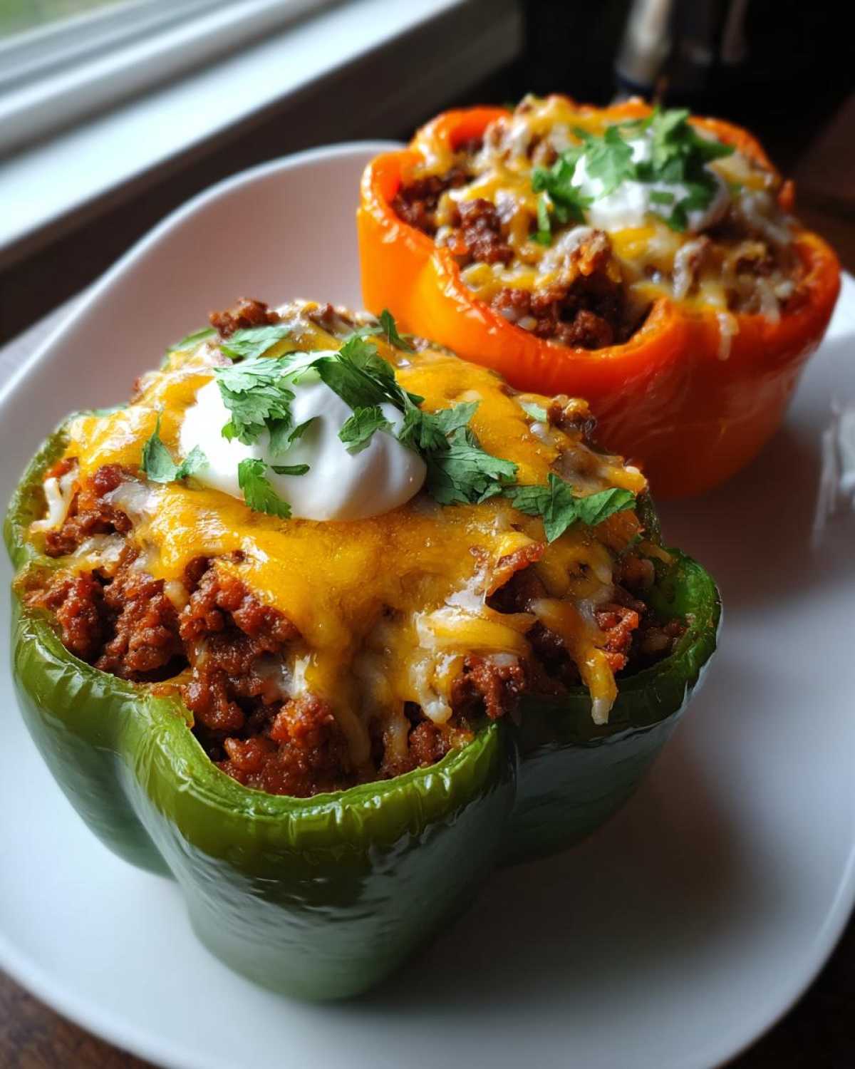Two Keto Taco Stuffed Peppers, one green and one orange, topped with melted cheese, sour cream, and cilantro.