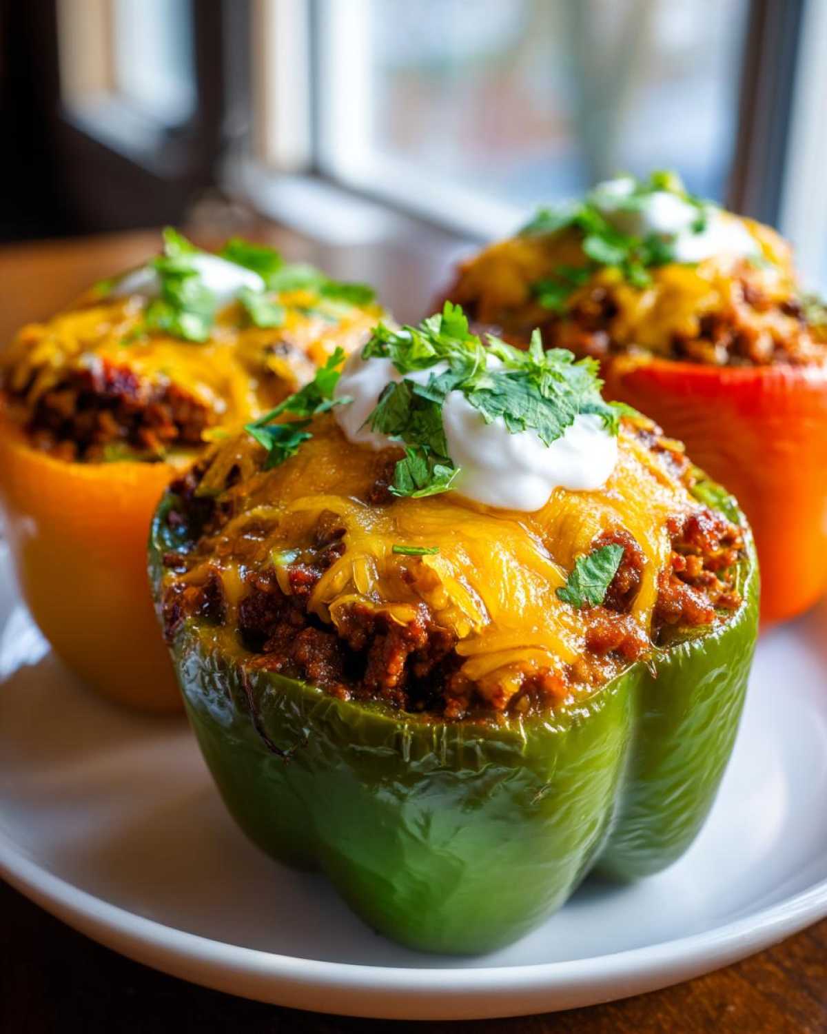 Close-up of three colorful Keto Taco Stuffed Peppers, topped with melted cheese, sour cream, and cilantro.