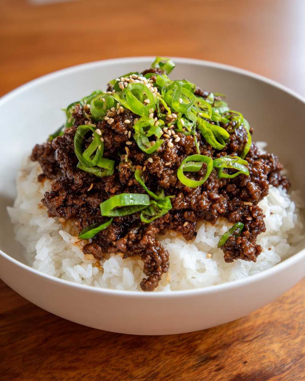 Close-up of Korean Ground Beef Bulgogi Bowls featuring savory ground beef over white rice, garnished with sliced green onions and sesame seeds.