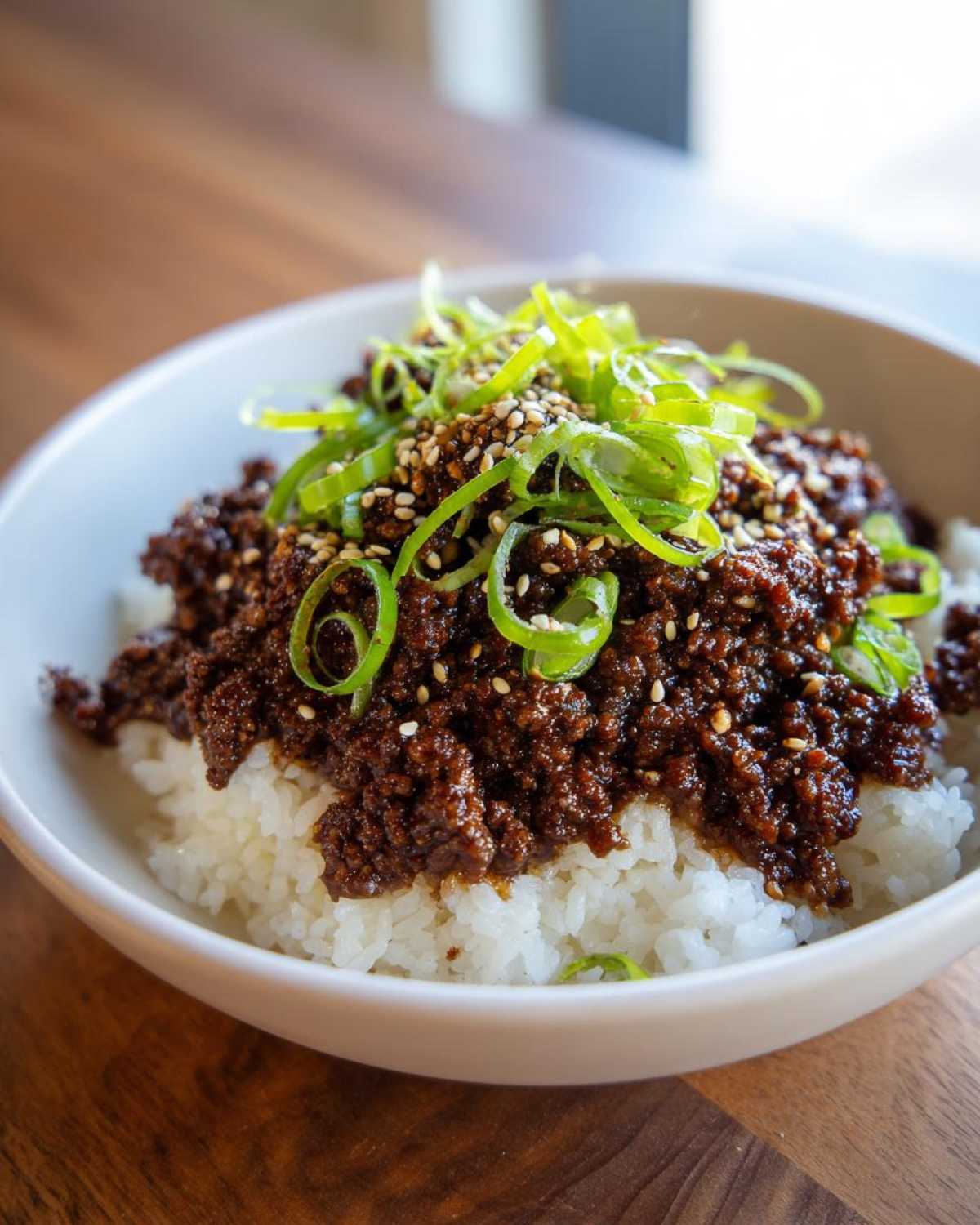 Close-up of Korean Ground Beef Bulgogi Bowls featuring savory ground beef over white rice, garnished with sesame seeds and green onions.