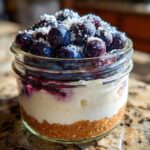 Close-up of Lemon Blueberry Cheesecake Jars showing graham cracker crust, creamy filling, and fresh blueberries sprinkled with sugar.