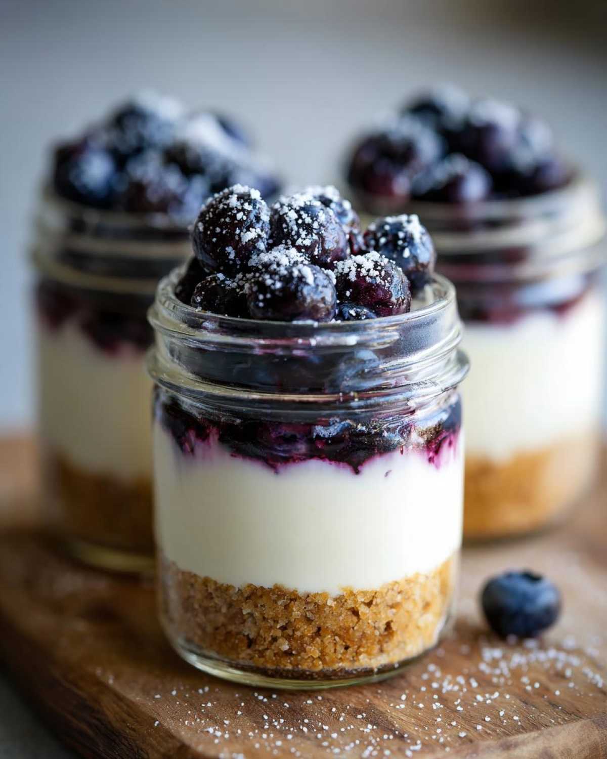Close-up of a layered Lemon Blueberry Cheesecake Jars dessert topped with fresh blueberries and powdered sugar.