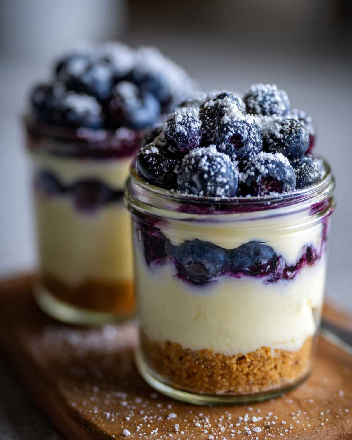 Close-up of a layered Lemon Blueberry Cheesecake Jars dessert topped with fresh blueberries and powdered sugar.