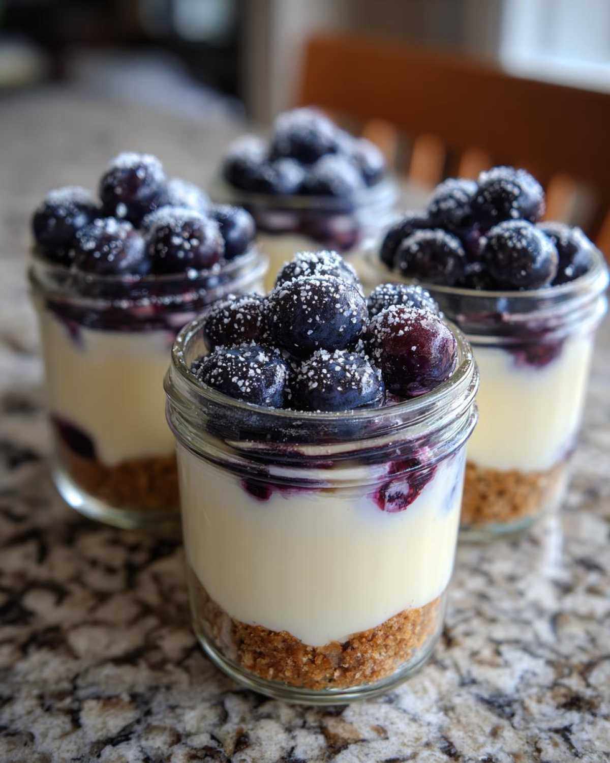 Four individual Lemon Blueberry Cheesecake Jars layered with graham cracker crust, creamy filling, and topped with fresh blueberries.