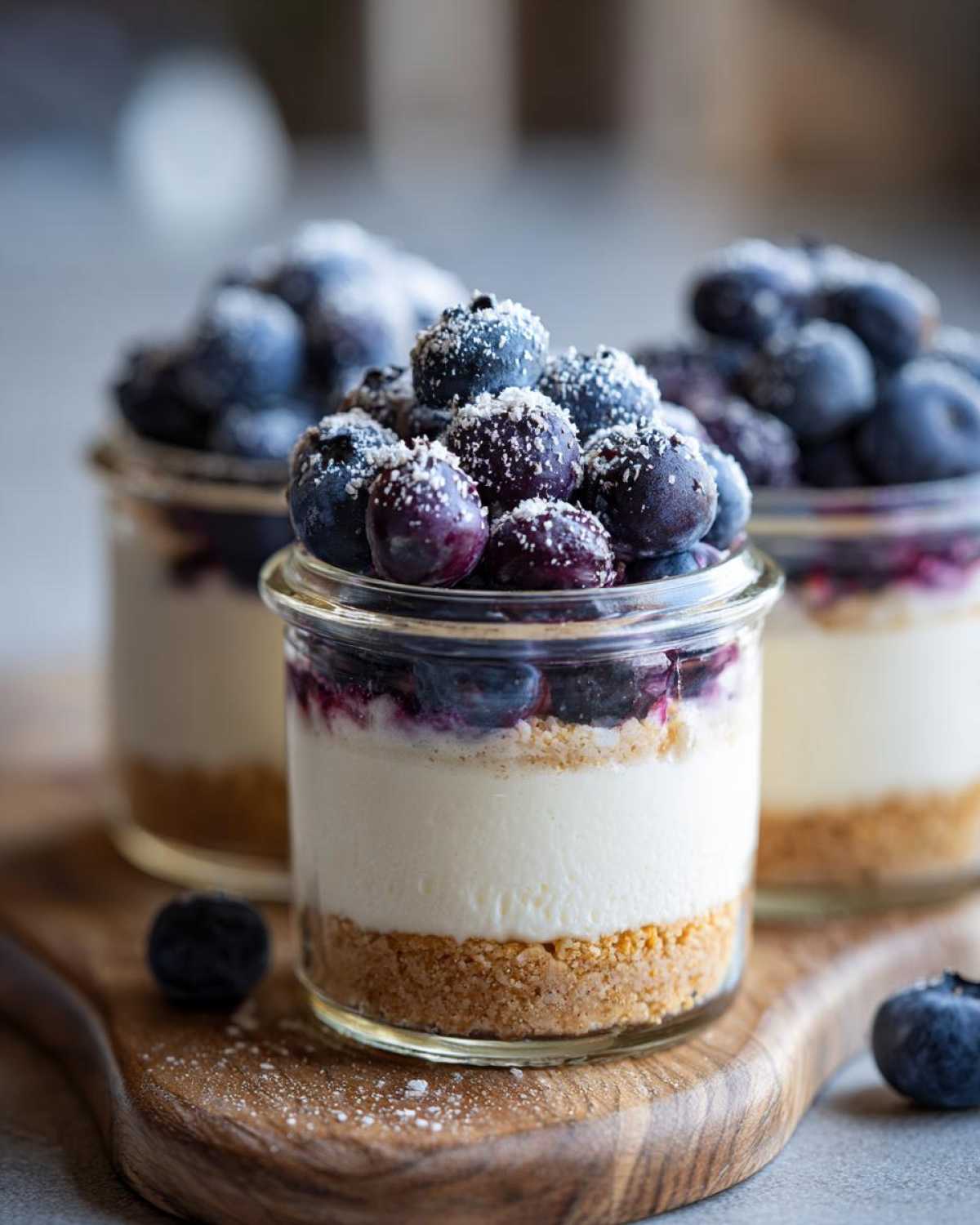Close-up of layered Lemon Blueberry Cheesecake Jars topped with fresh blueberries and powdered sugar.