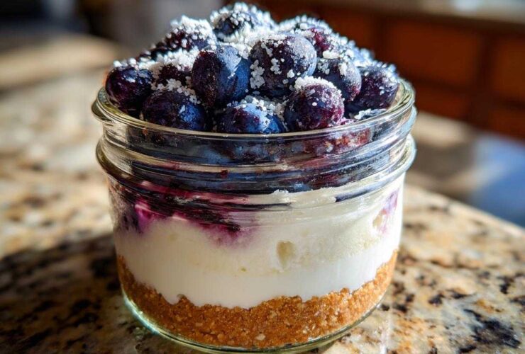 Close-up of Lemon Blueberry Cheesecake Jars showing graham cracker crust, creamy filling, and fresh blueberries sprinkled with sugar.