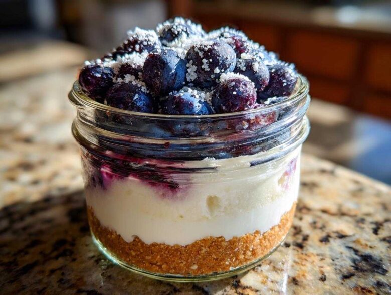 Close-up of Lemon Blueberry Cheesecake Jars showing graham cracker crust, creamy filling, and fresh blueberries sprinkled with sugar.