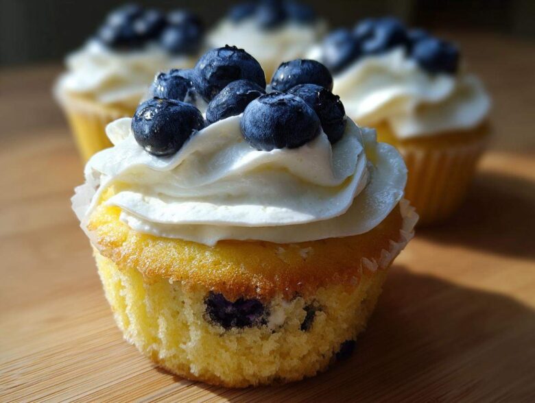 Close-up of a Lemon Blueberry Cupcakes with Cream Cheese Frosting, topped with fresh blueberries.