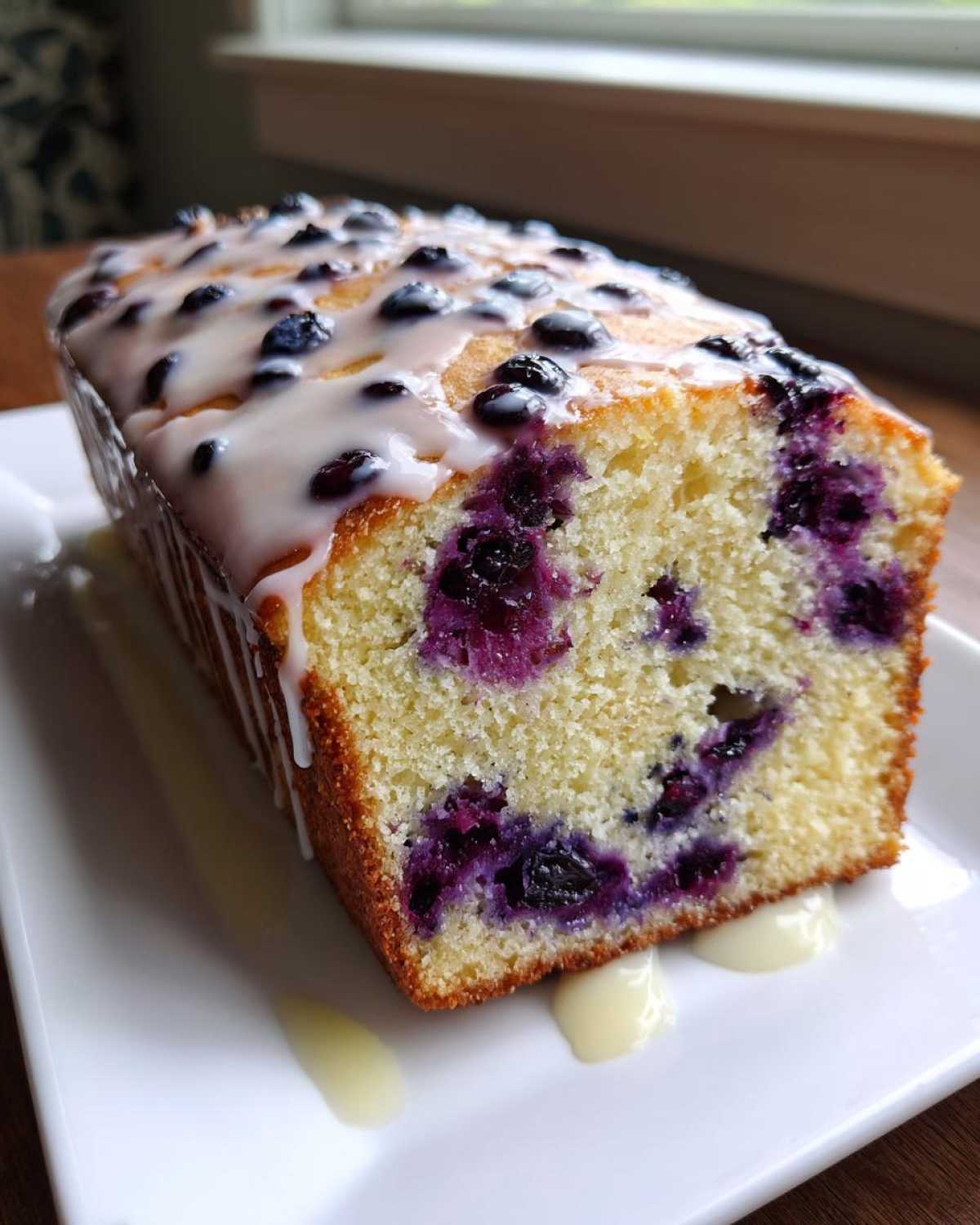 A moist slice of Lemon Blueberry Yogurt Loaf topped with a white glaze and fresh blueberries.