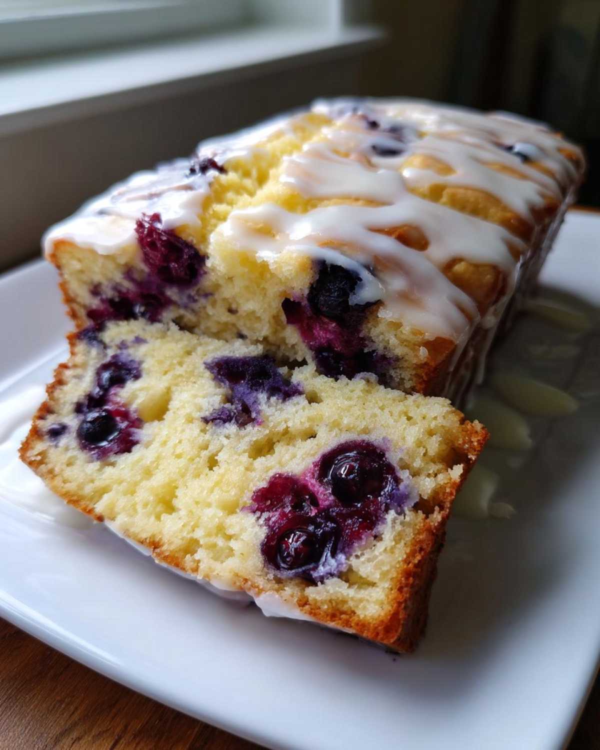 A slice cut from a Lemon Blueberry Yogurt Loaf, showing moist crumb and burst blueberries, topped with white glaze.