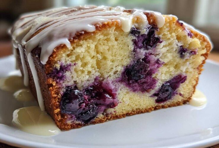 Close-up of a moist slice of Lemon Blueberry Yogurt Loaf, showing blueberries baked inside and topped with a white lemon glaze.