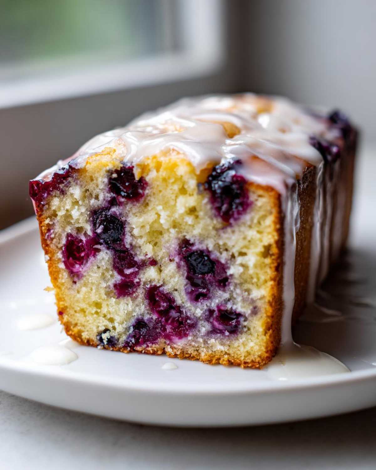 Close-up of a slice of Lemon Blueberry Yogurt Loaf showing moist crumb and fresh blueberries, topped with a white glaze.