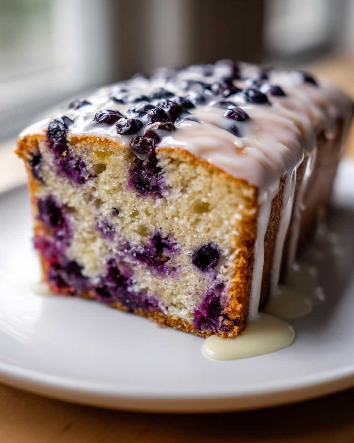 Close-up of a thick slice of Lemon Blueberry Yogurt Loaf showing moist crumb and purple blueberries, topped with white glaze.