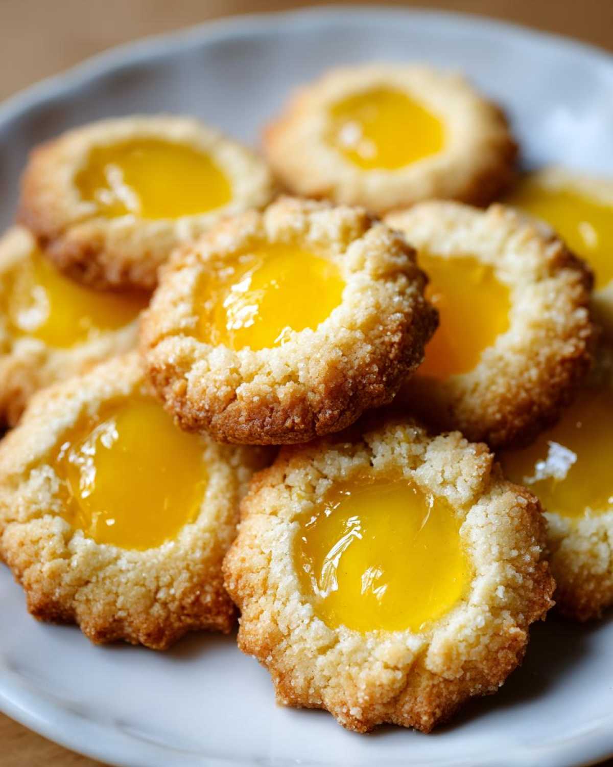 A close-up shot of several golden, buttery Lemon Curd Thumbprint Cookies piled on a white plate.