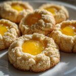 Five freshly baked Lemon Curd Thumbprint Cookies with bright yellow filling arranged on a white plate.