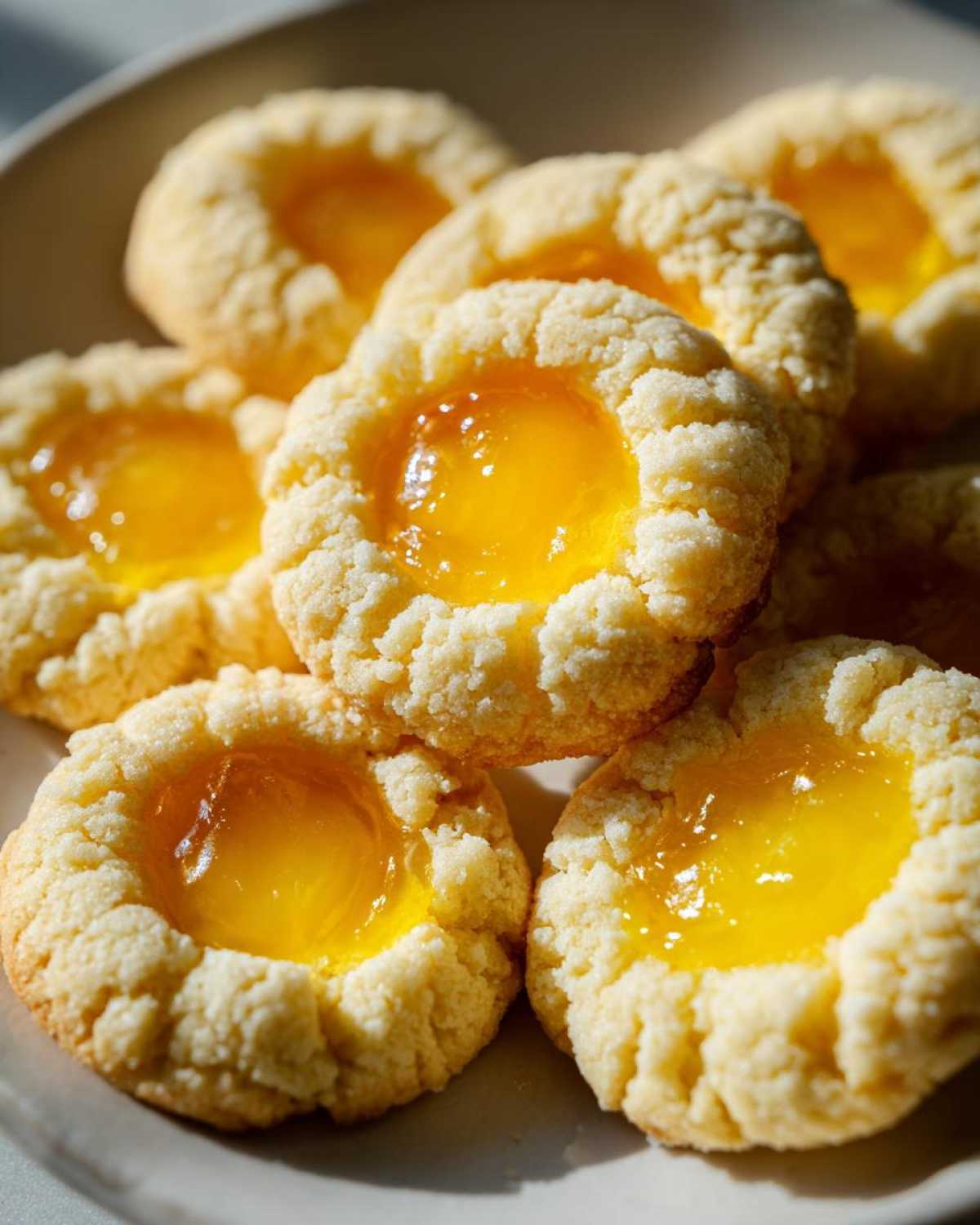 A close-up of several bright, buttery Lemon Curd Thumbprint Cookies piled on a light plate.