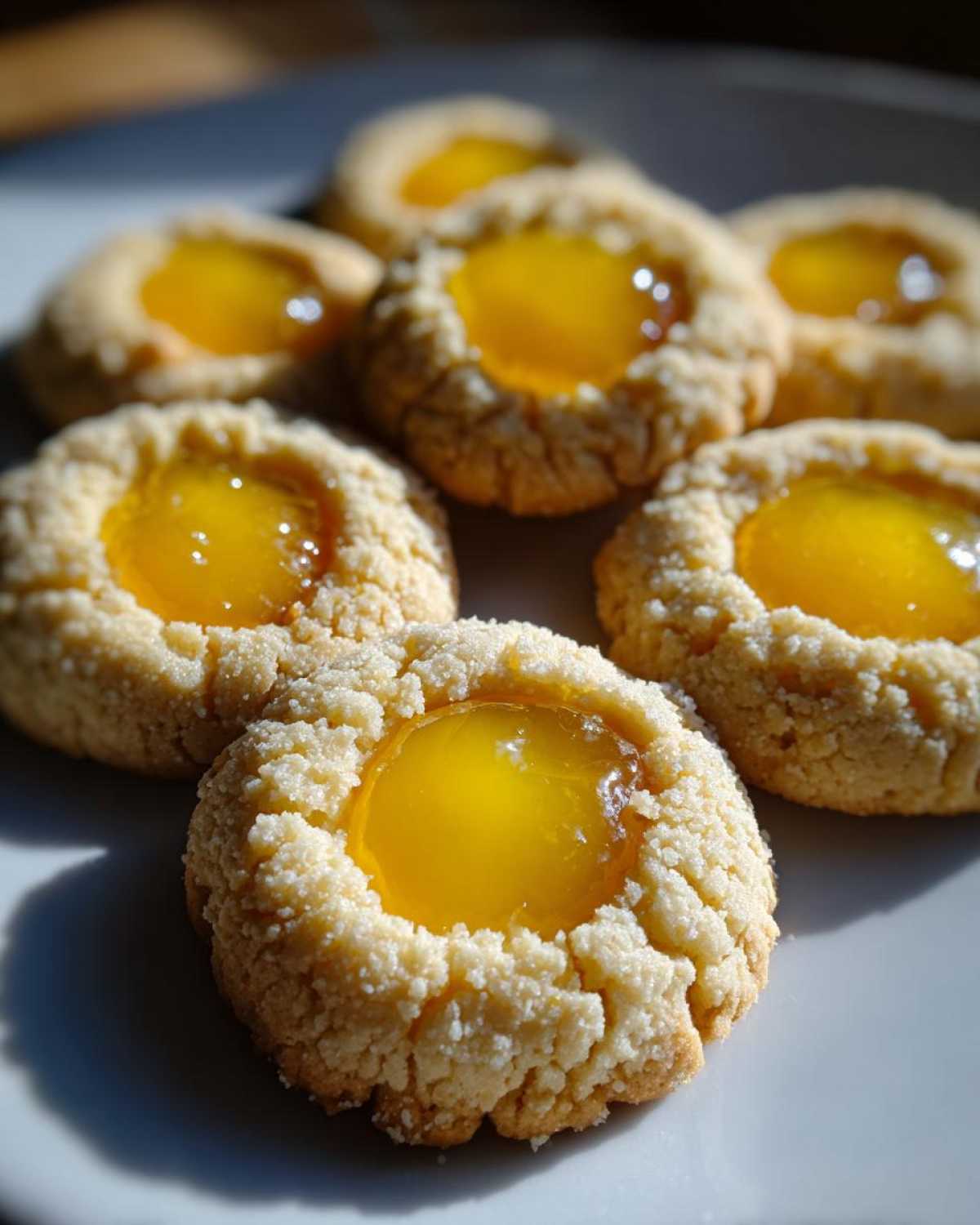 A close-up of several bright Lemon Curd Thumbprint Cookies with glistening yellow centers on a white plate.