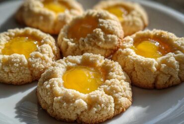 Five freshly baked Lemon Curd Thumbprint Cookies with bright yellow filling arranged on a white plate.