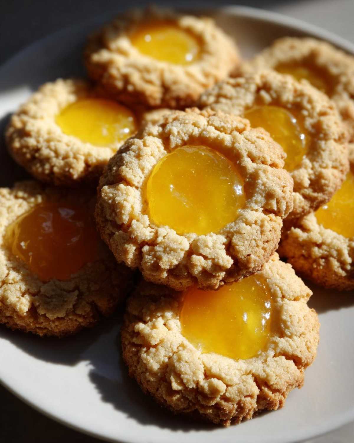 A close-up shot of several golden, crumbly Lemon Curd Thumbprint Cookies piled on a white plate.