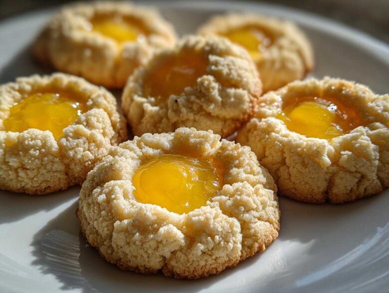 Five freshly baked Lemon Curd Thumbprint Cookies with bright yellow filling arranged on a white plate.