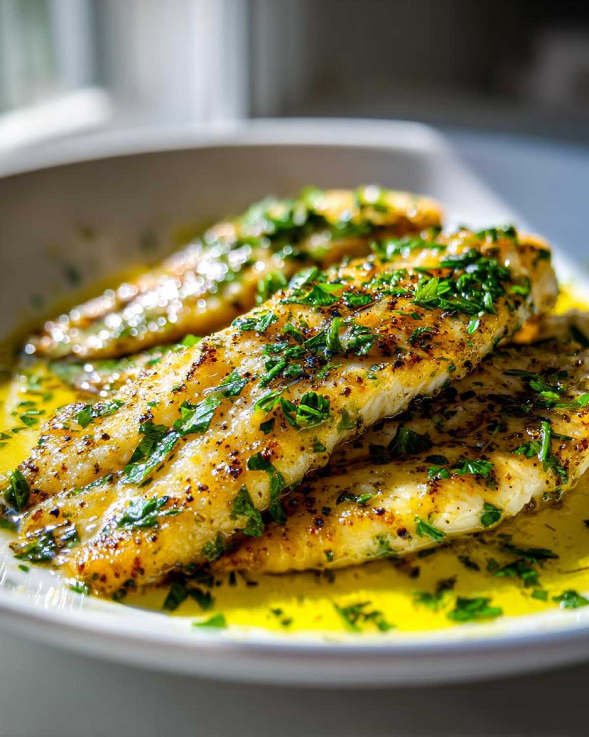 Close-up of golden Lemon Garlic Butter Tilapia fillets swimming in bright yellow butter sauce and topped with fresh chopped parsley.
