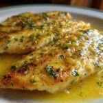 Close-up of three pan-seared Lemon Garlic Butter Tilapia fillets covered in sauce.