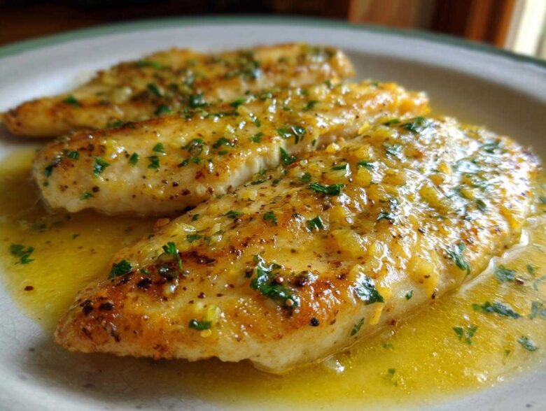 Close-up of three pan-seared Lemon Garlic Butter Tilapia fillets covered in sauce.