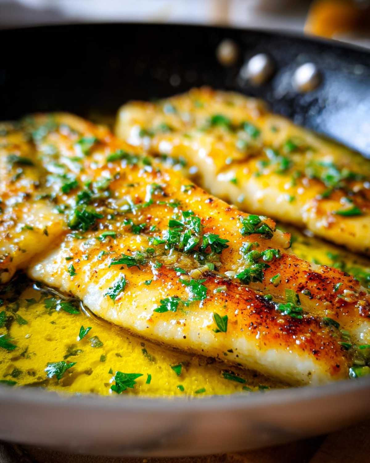 Close-up of two fillets of Lemon Garlic Butter Tilapia sizzling in bright yellow butter sauce topped with fresh parsley.