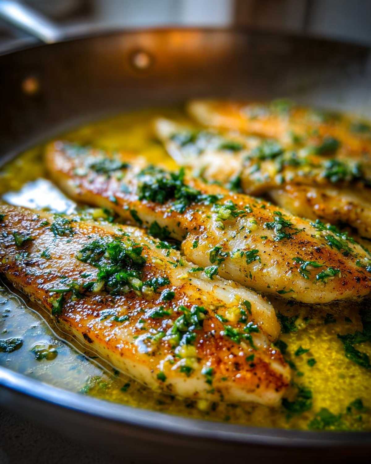 Close-up of pan-seared Lemon Garlic Butter Tilapia fillets simmering in a rich, bright yellow butter sauce topped with fresh parsley.