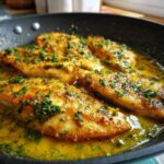 Four fillets of Lemon Garlic Butter Tilapia sizzling in a bright yellow lemon garlic butter sauce, topped with fresh parsley.