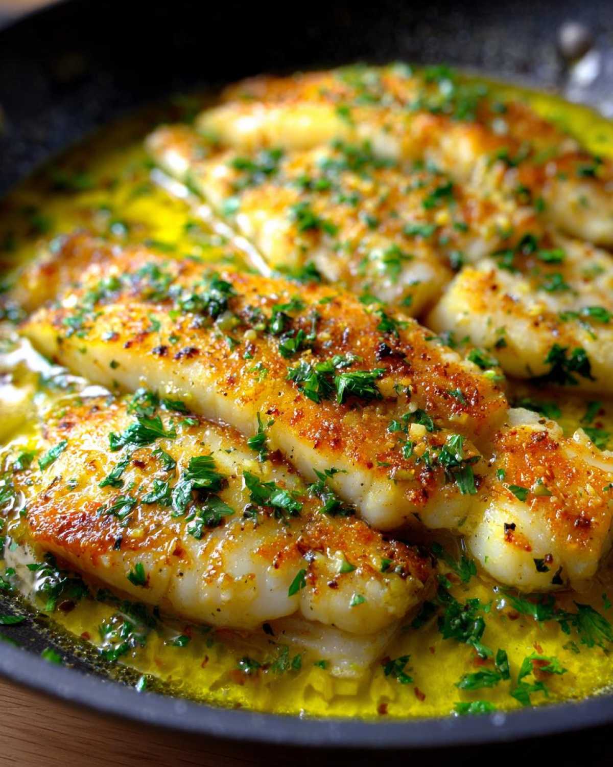 Close-up of golden-brown Lemon Garlic Butter Tilapia fillets simmering in bright yellow butter sauce and topped with fresh parsley.