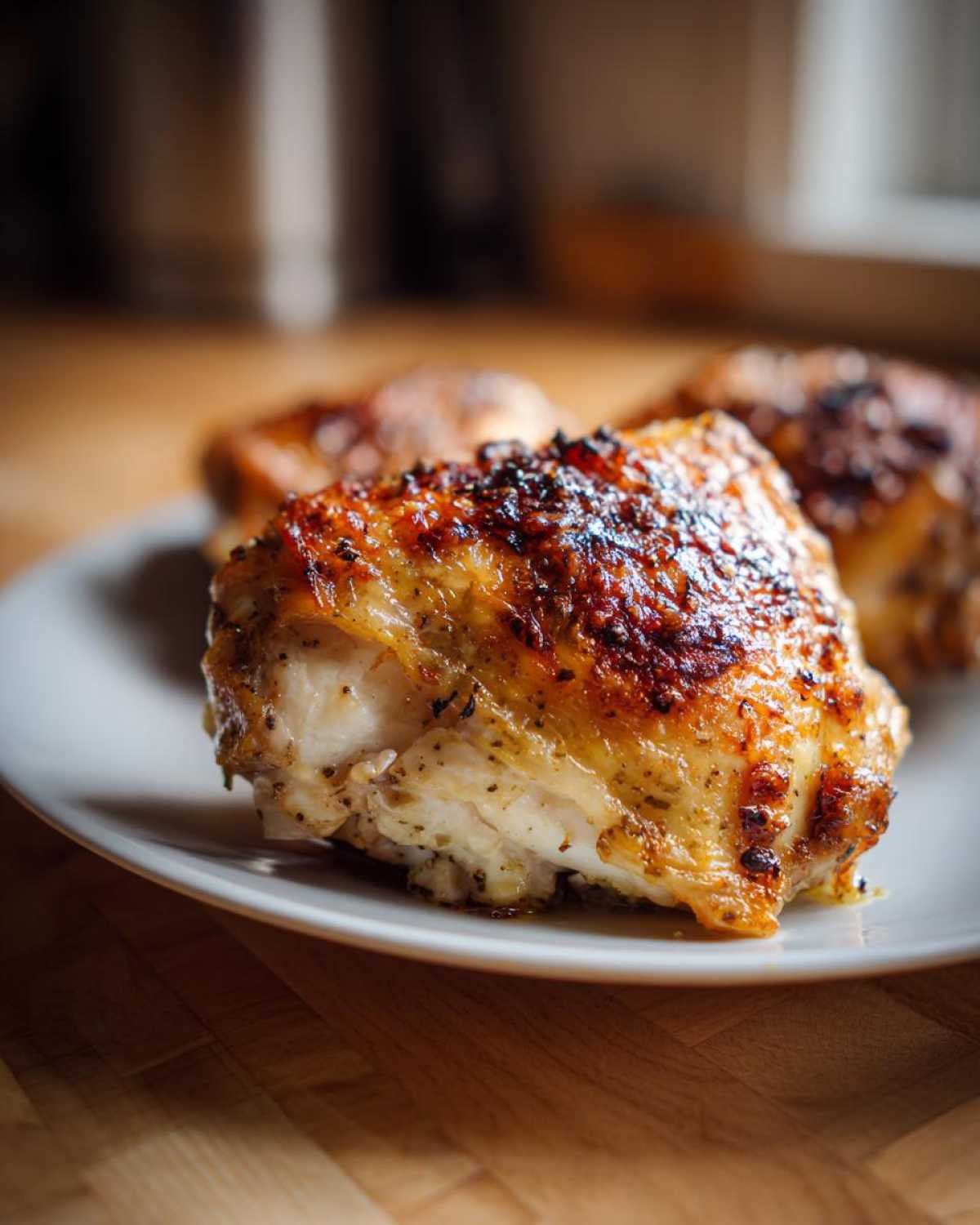 Close-up of a perfectly roasted Lemon Garlic Roasted Chicken Thighs with crispy, browned skin.