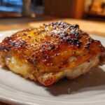 Close-up of a perfectly roasted Lemon Garlic Roasted Chicken Thighs with crispy, caramelized skin on a white plate.