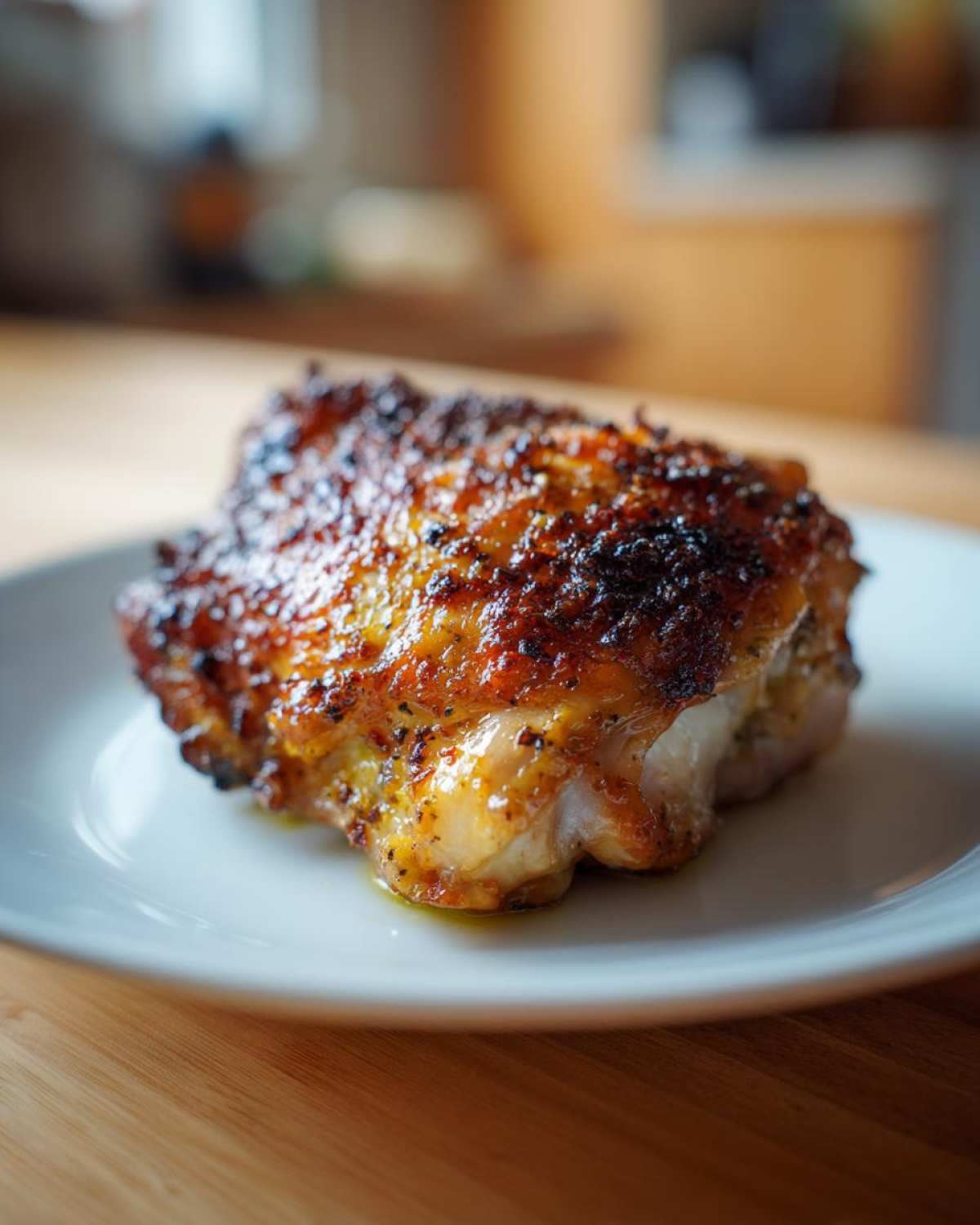 A single, perfectly cooked Lemon Garlic Roasted Chicken Thighs with crispy, browned skin on a white plate.