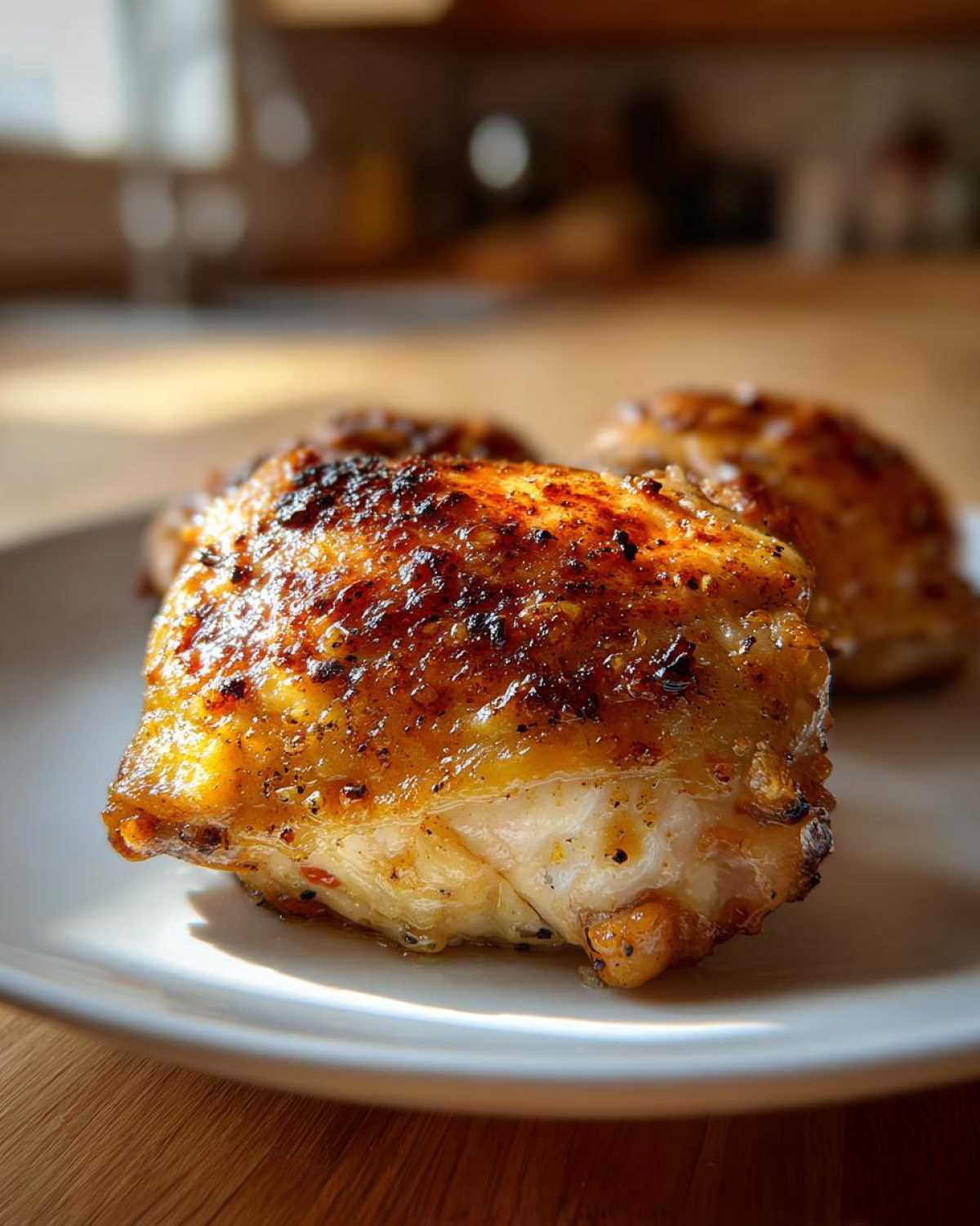 Close-up of a perfectly roasted, crispy-skinned Lemon Garlic Roasted Chicken Thighs piece on a white plate.