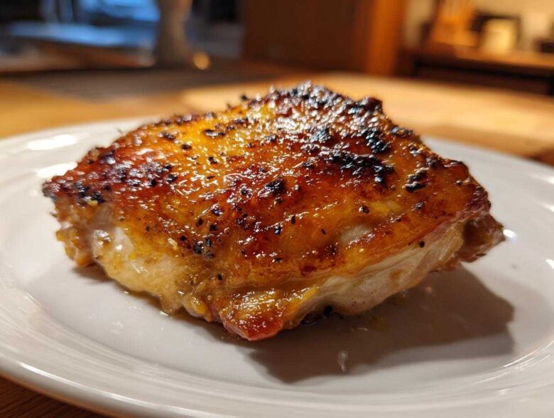 Close-up of a perfectly roasted Lemon Garlic Roasted Chicken Thighs with crispy, caramelized skin on a white plate.