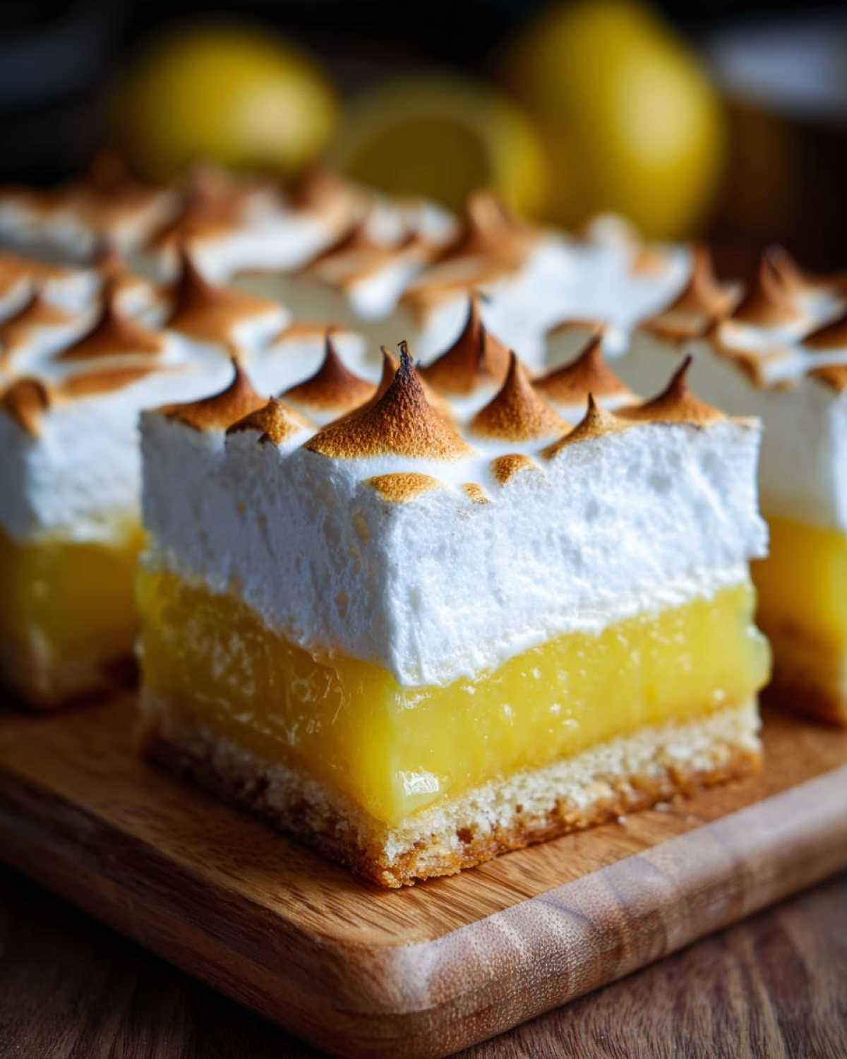A close-up of a square Lemon Meringue Pie Bars piece showing the shortbread crust, thick lemon curd, and torched meringue topping.