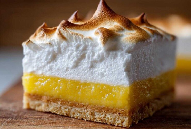 A close-up of one perfect Lemon Meringue Pie Bars showing the crust, bright lemon filling, and toasted meringue topping.
