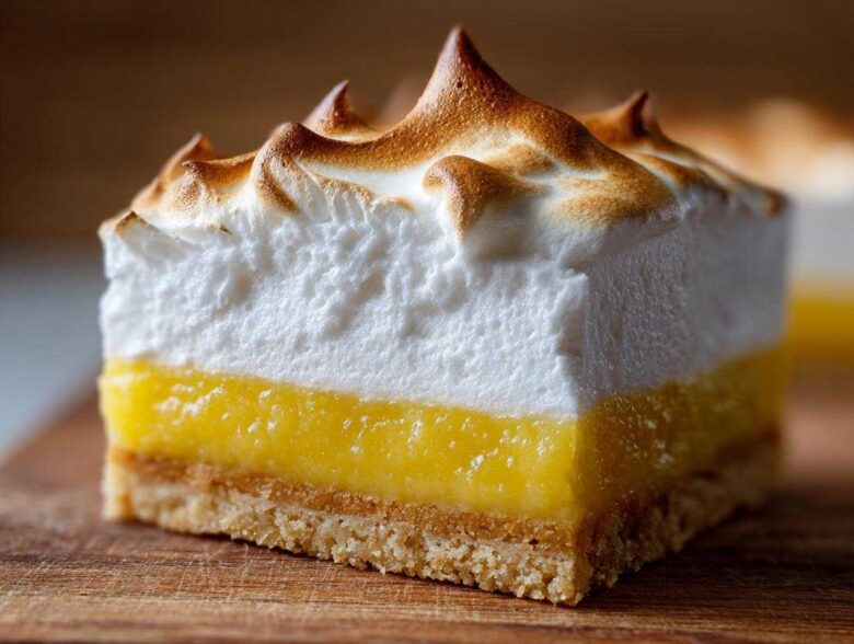 A close-up of one perfect Lemon Meringue Pie Bars showing the crust, bright lemon filling, and toasted meringue topping.