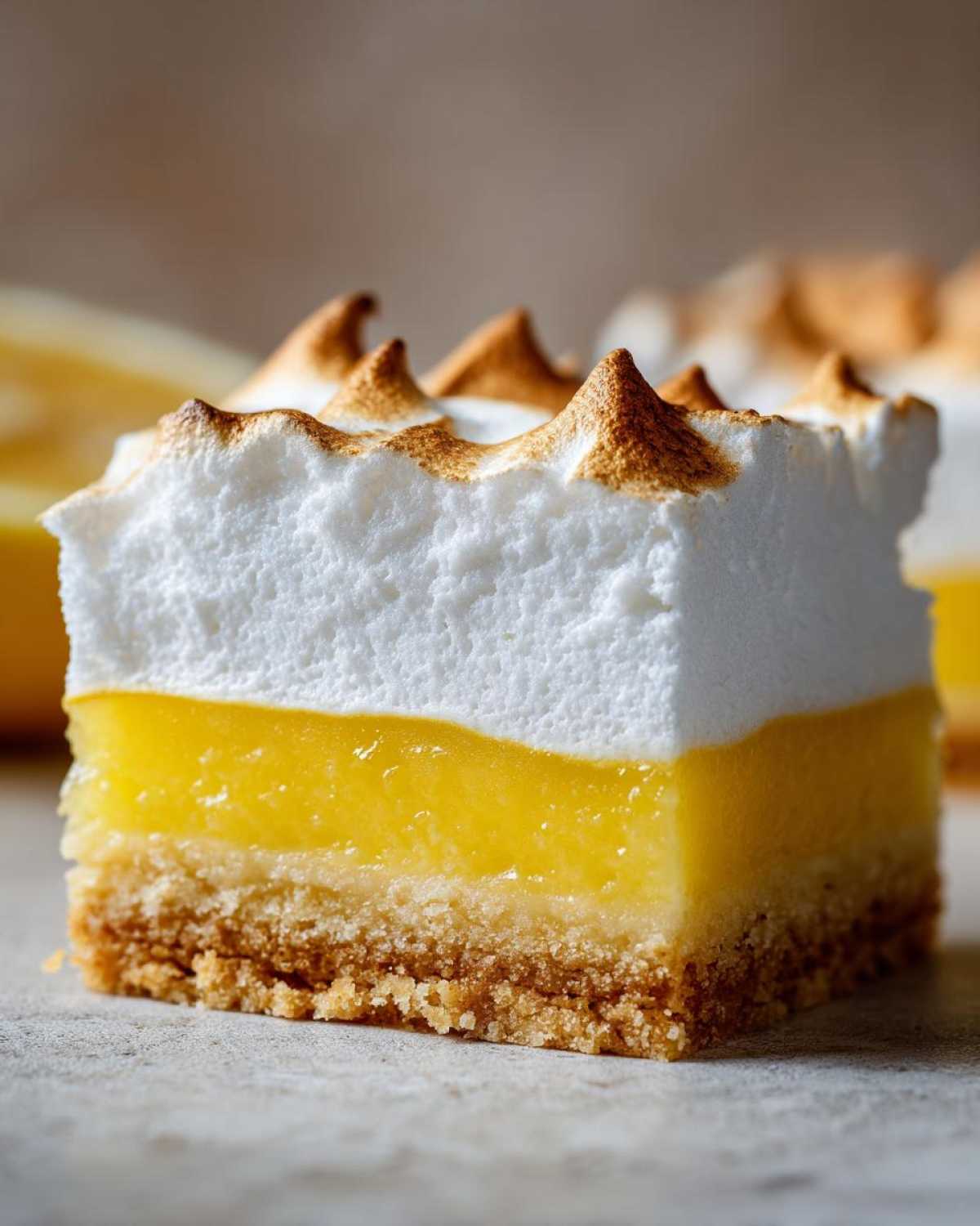 A close-up cross-section of a Lemon Meringue Pie Bars square showing a graham cracker crust, bright yellow lemon filling, and fluffy, torched meringue.