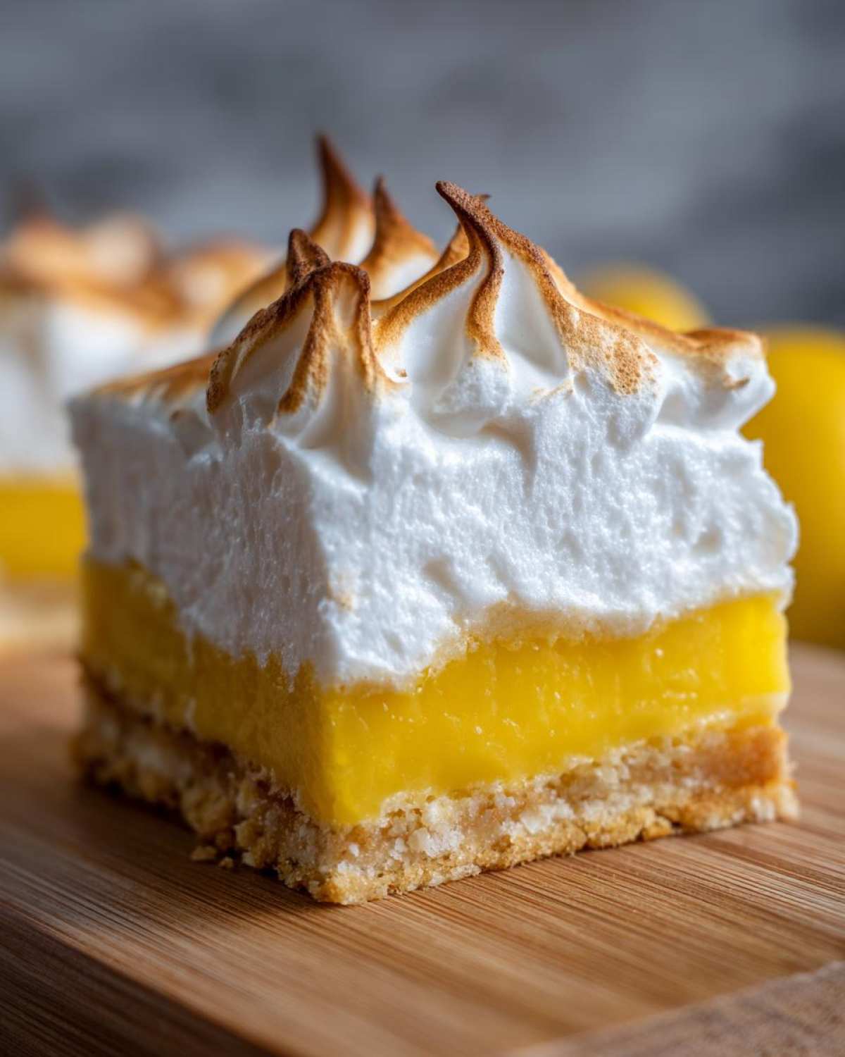 Close-up of a thick Lemon Meringue Pie Bars square showing crust, bright yellow filling, and toasted meringue topping.
