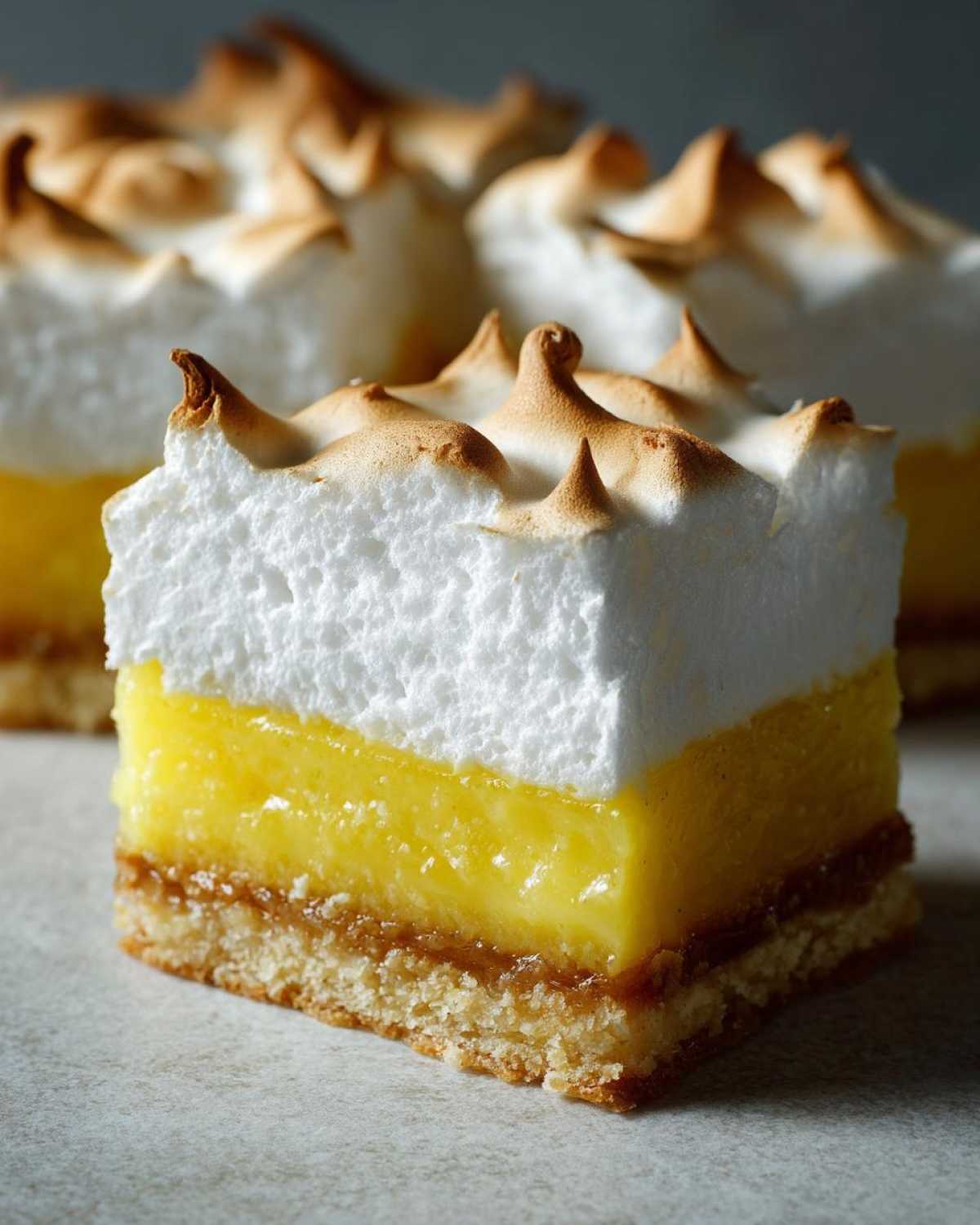 A single square of Lemon Meringue Pie Bars showing three distinct layers: crust, bright yellow lemon filling, and toasted meringue topping.