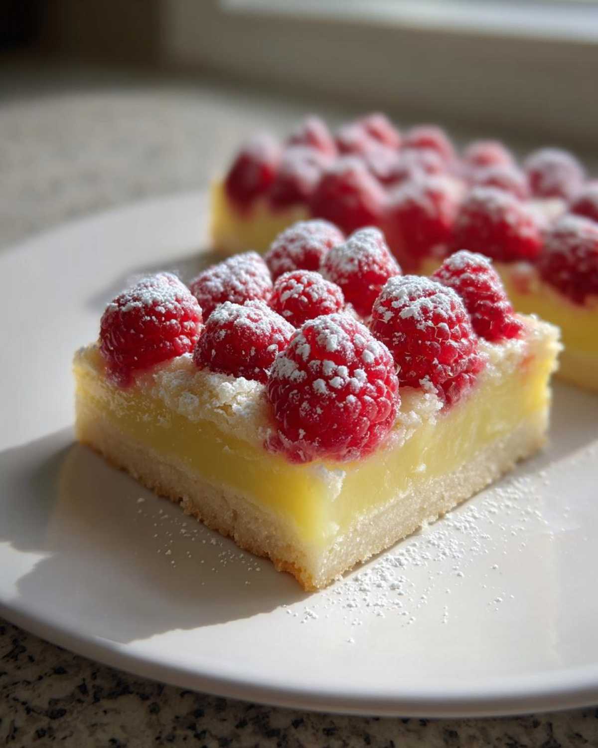 A close-up of a square Lemon Raspberry Bars slice with bright yellow filling and fresh raspberries dusted with powdered sugar.