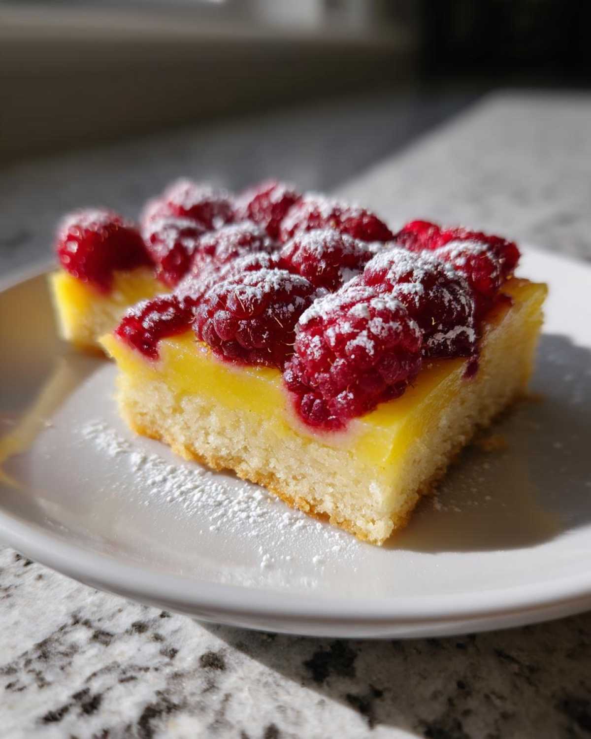 A square slice of Lemon Raspberry Bars featuring a bright yellow lemon layer topped with fresh raspberries and powdered sugar.