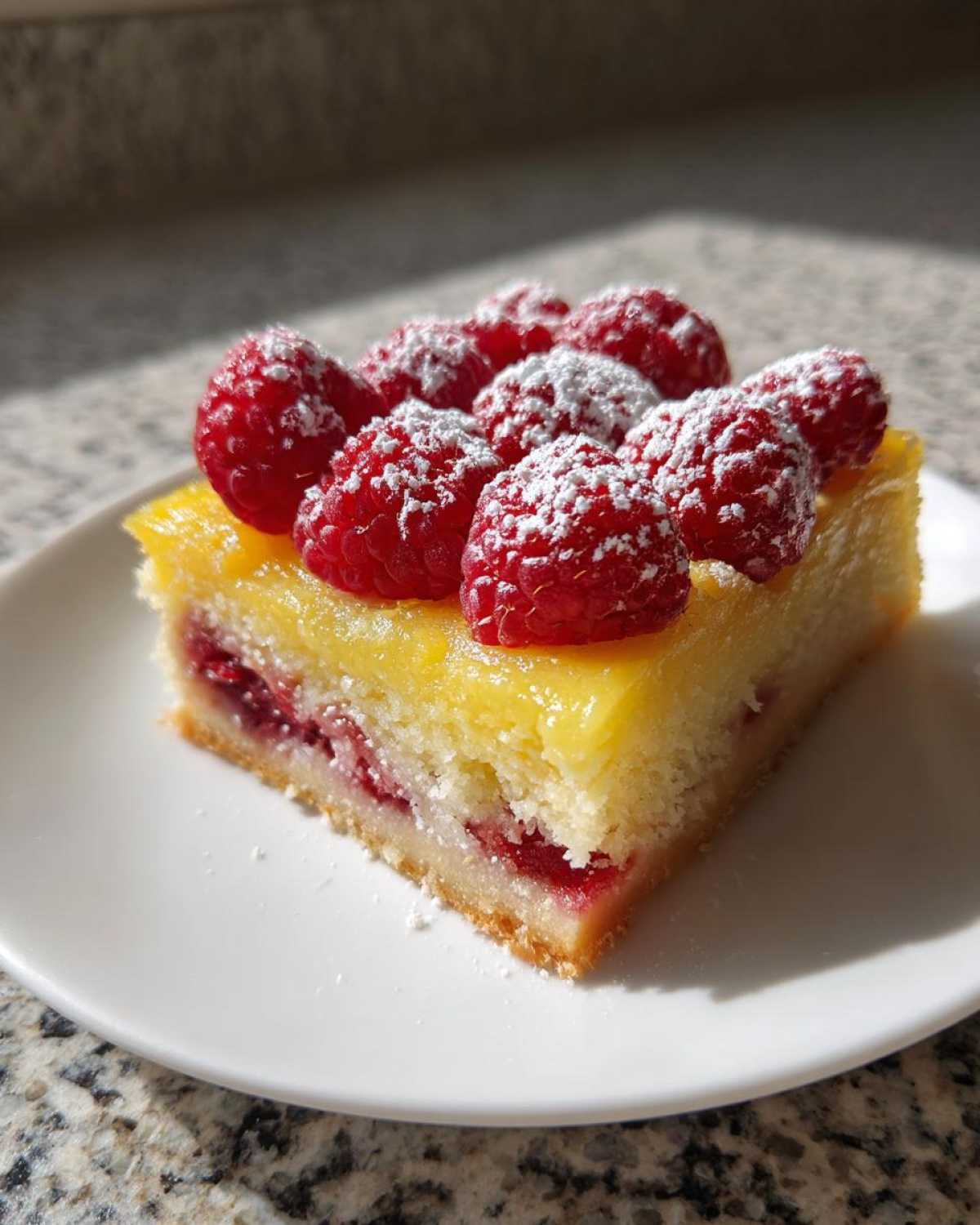 A close-up of a square slice of Lemon Raspberry Bars topped with fresh raspberries and powdered sugar.