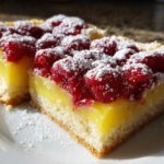 Close-up of two slices of Lemon Raspberry Bars featuring a thick yellow lemon layer and bright red raspberries dusted with powdered sugar.