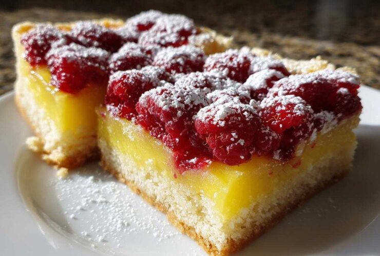 Close-up of two slices of Lemon Raspberry Bars featuring a thick yellow lemon layer and bright red raspberries dusted with powdered sugar.