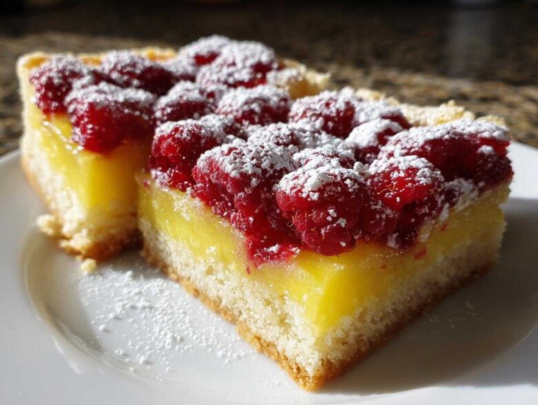 Close-up of two slices of Lemon Raspberry Bars featuring a thick yellow lemon layer and bright red raspberries dusted with powdered sugar.