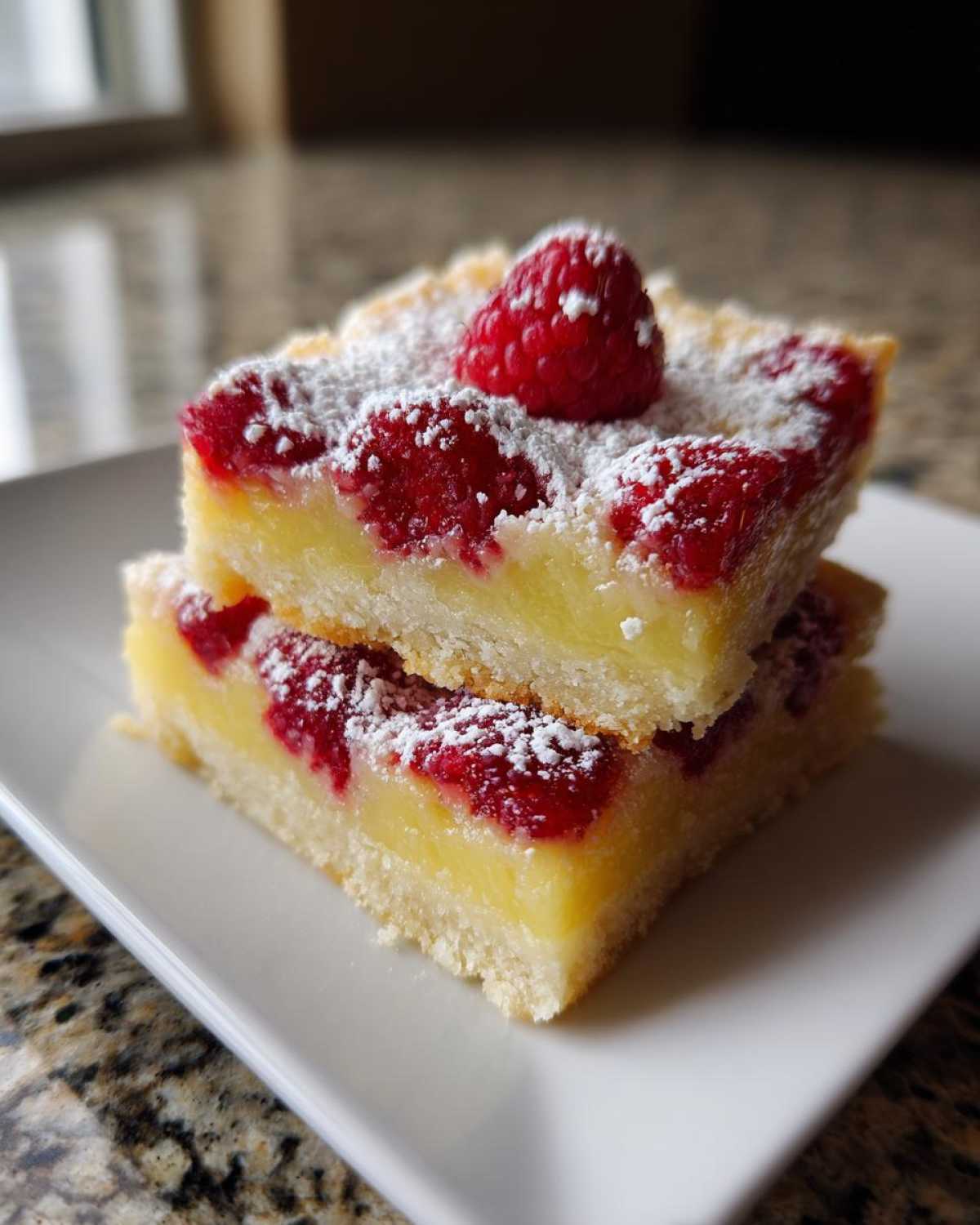 Two stacked Lemon Raspberry Bars topped with powdered sugar and a fresh raspberry.
