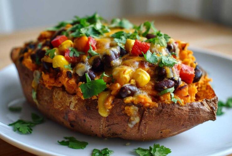 A close-up of a Loaded Veggie Stuffed Sweet Potato topped with black beans, corn, red peppers, melted cheese, and cilantro.